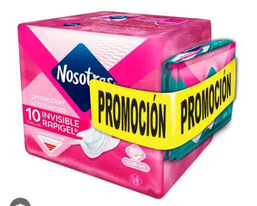 [7874] TOALLAS HIGIENICAS NOSOTRAS INVISIBLE RAPIGEL 10 UND + PROTECTORES LARGOS